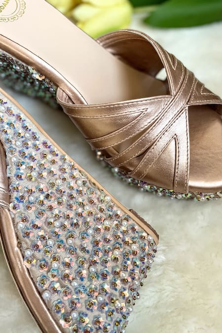 Buy Modanta Footwear Pink Sequins Floral Embellished Wedges Online at Aza Fashions Buy_Modanta Footwear_Pink Sequins Floral Embellished Wedges _Online_at_Aza_Fashions