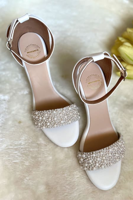 Shop Modanta Footwear White Pearls Embellished Strap Wedges at Aza Fashions Shop_Modanta Footwear_White Pearls Embellished Strap Wedges _at_Aza_Fashions