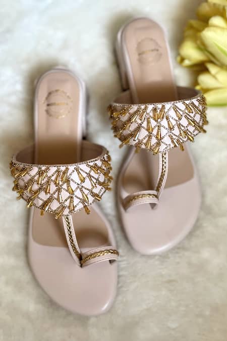Shop_Modanta Footwear_Beige Chains Latkan Embellished Kolhapuri Heels _Online_at_Aza_Fashions