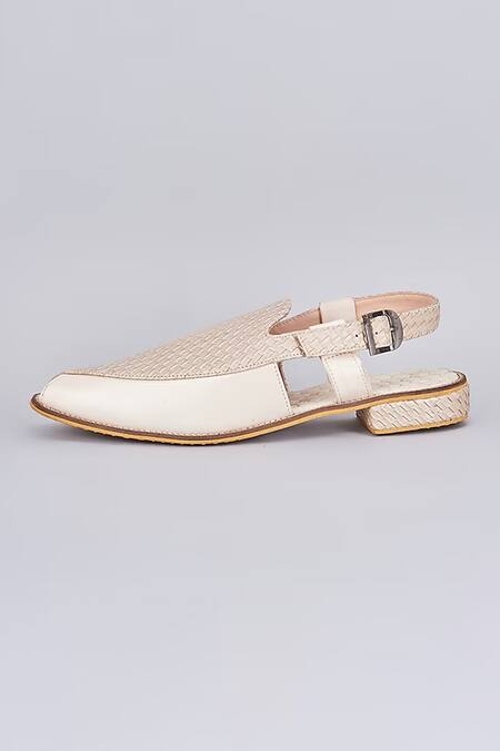 Shop_Rng Safawala_White Basket Weave Leather Mules_at_Aza_Fashions