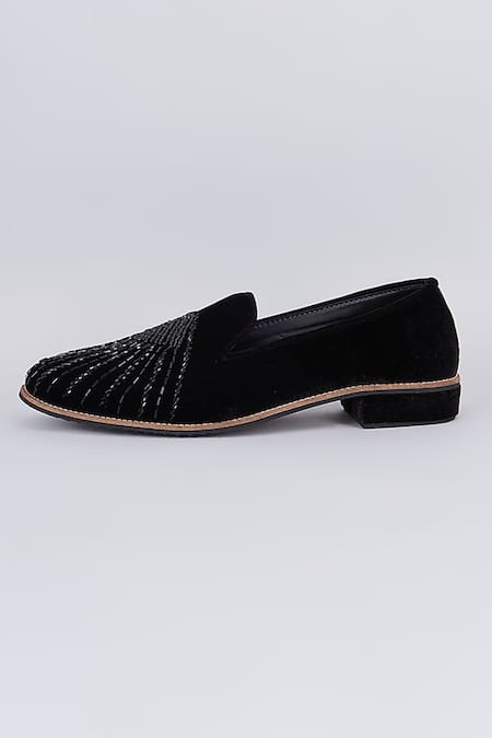 Shop Rng Safawala Black Cutdana Hand Embroidered Leather Loafers at Aza Fashions Shop_Rng Safawala_Black Cutdana Hand Embroidered Leather Loafers _at_Aza_Fashions