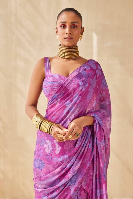 Ankita Dharman_Purple Chiffon Embroidery Deep Rhythm Pre-draped Ruffle Saree With Blouse_Online_at_Aza_Fashions