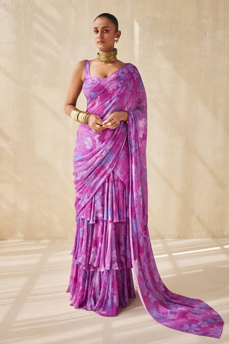 Buy_Ankita Dharman_Purple Chiffon Embroidery Deep Rhythm Pre-draped Ruffle Saree With Blouse_Online_at_Aza_Fashions