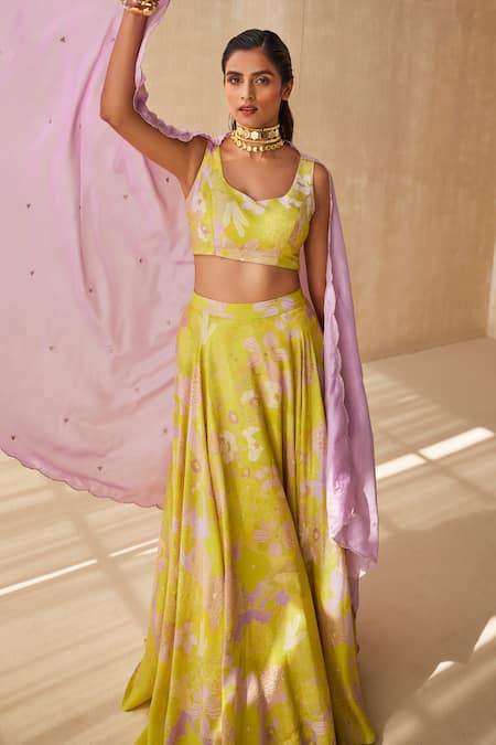 Buy_Ankita Dharman_Green Blouse And Lehenga Lurex Floral Mellow Dream Blossom Pattern Set_Online_at_Aza_Fashions