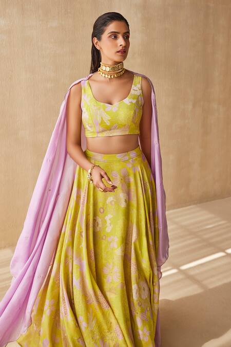Shop_Ankita Dharman_Green Blouse And Lehenga Lurex Floral Mellow Dream Blossom Pattern Set_Online_at_Aza_Fashions