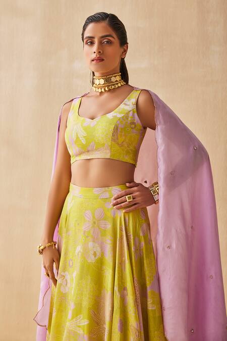 Ankita Dharman_Green Blouse And Lehenga Lurex Floral Mellow Dream Blossom Pattern Set_at_Aza_Fashions