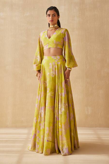 Ankita Dharman_Green Lurex Floral V-neck Mellow Dream Blossom Pattern Lehenga With Blouse_Online_at_Aza_Fashions