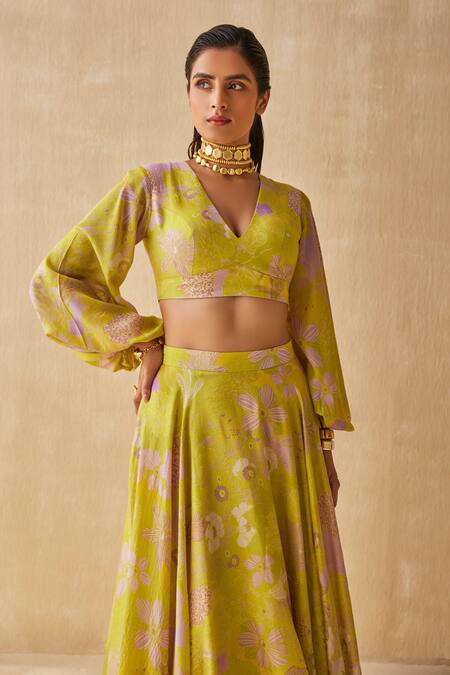 Buy_Ankita Dharman_Green Lurex Floral V-neck Mellow Dream Blossom Pattern Lehenga With Blouse_Online_at_Aza_Fashions