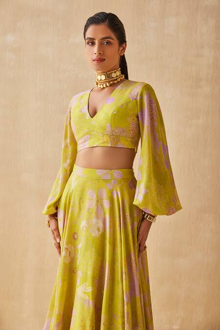 Shop_Ankita Dharman_Green Lurex Floral V-neck Mellow Dream Blossom Pattern Lehenga With Blouse_Online_at_Aza_Fashions