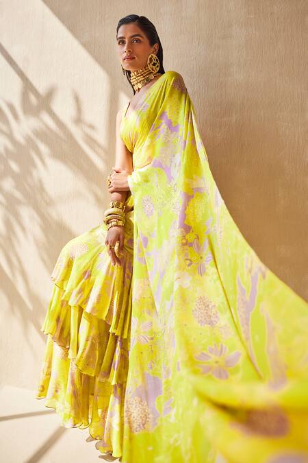 Ankita Dharman_Green Lurex, Cotton Embroidery Mellow Dream Pre-draped Ruffle Saree With Blouse_Online_at_Aza_Fashions