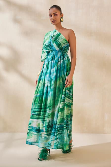 Ankita Dharman_Green Chiffon, Linen One Shoulder Nada Abstract Pattern Kaftan _Online_at_Aza_Fashions