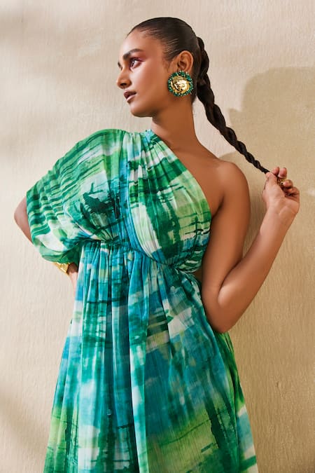 Shop_Ankita Dharman_Green Chiffon, Linen One Shoulder Nada Abstract Pattern Kaftan _Online_at_Aza_Fashions