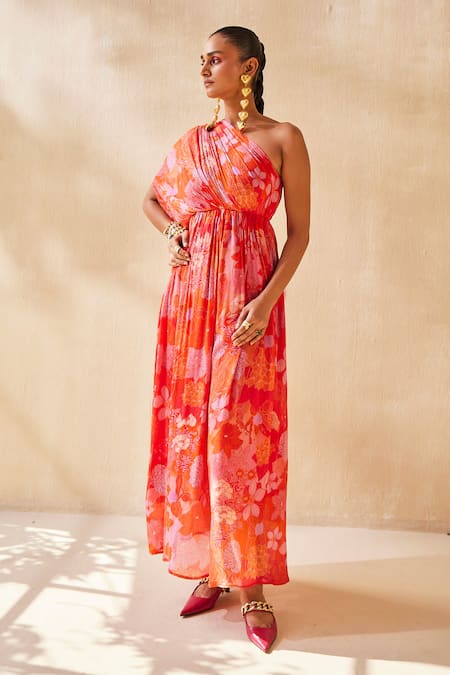Ankita Dharman_Red Chiffon One Shoulder Abstract Floral Pattern Kaftan _Online_at_Aza_Fashions