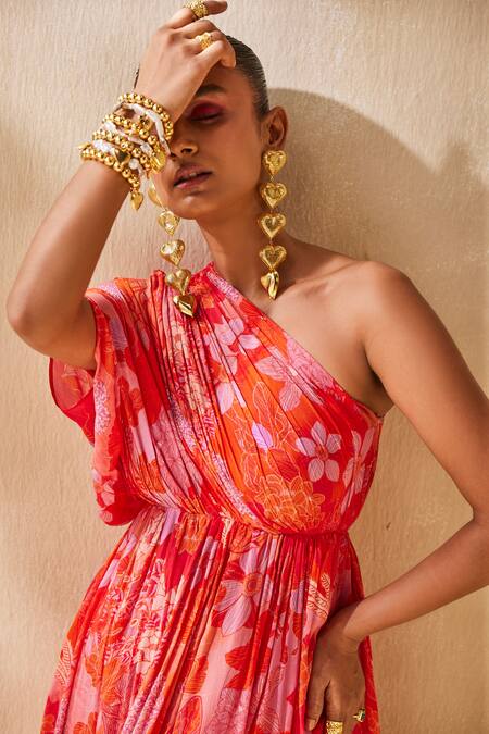 Buy_Ankita Dharman_Red Chiffon One Shoulder Abstract Floral Pattern Kaftan _Online_at_Aza_Fashions