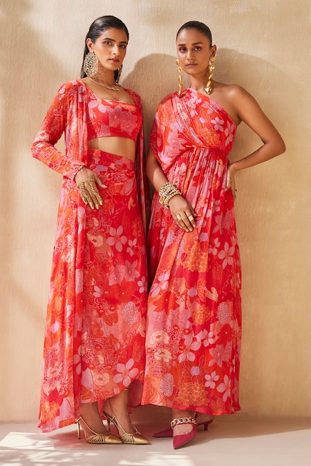 Shop_Ankita Dharman_Red Chiffon One Shoulder Abstract Floral Pattern Kaftan _Online_at_Aza_Fashions
