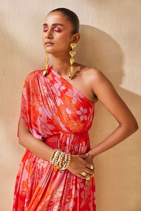 Ankita Dharman_Red Chiffon One Shoulder Abstract Floral Pattern Kaftan _at_Aza_Fashions