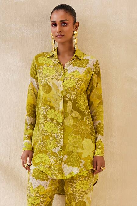 Buy_Ankita Dharman_Yellow Crepe Embroidery Collared Blossom Pattern High-low Shirt _Online_at_Aza_Fashions