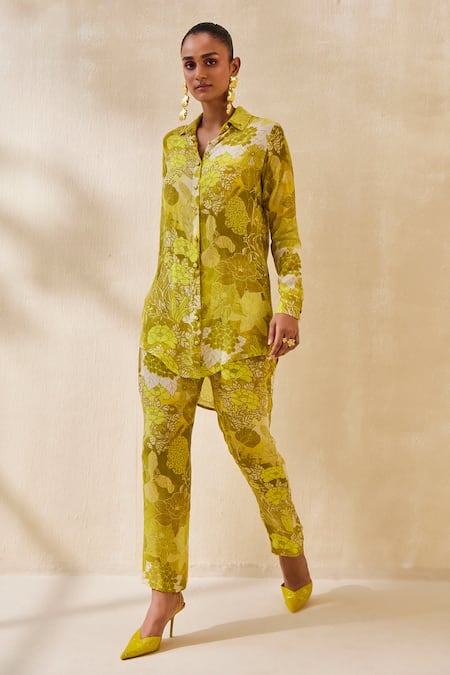 Shop_Ankita Dharman_Yellow Crepe Embroidery Collared Blossom Pattern High-low Shirt _Online_at_Aza_Fashions