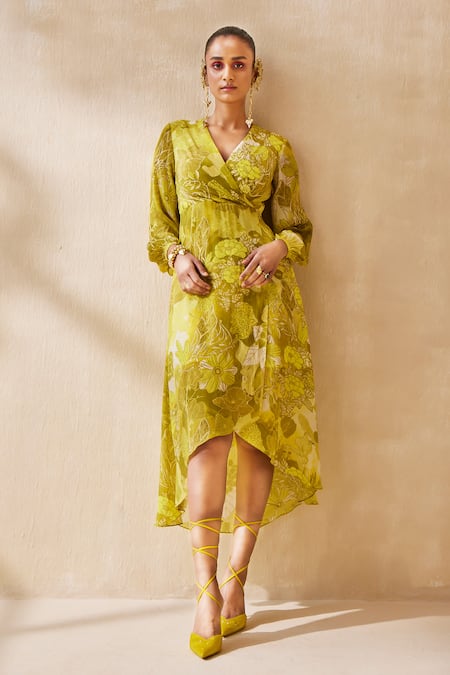 Ankita Dharman Yellow Natural Crepe Floral V-neck Blossom Pattern Wrap Dress 