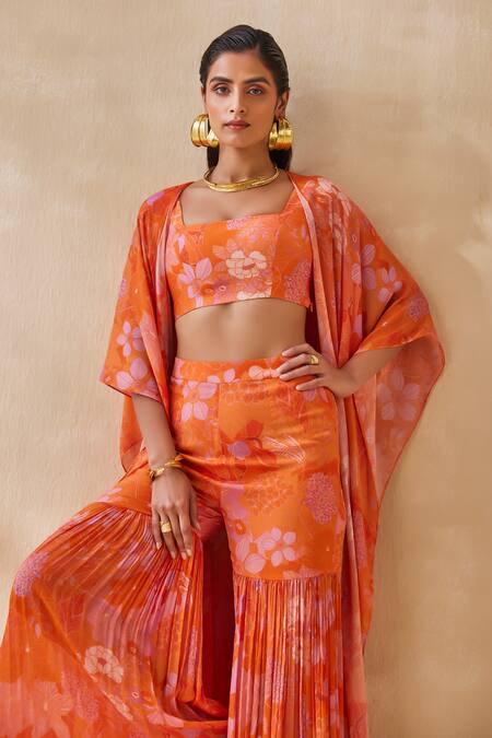 Buy_Ankita Dharman_Orange Blouse Lurex Floral Jacket Open Pattern Gharara Set_Online_at_Aza_Fashions