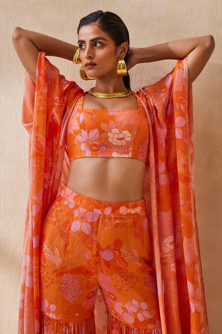 Shop_Ankita Dharman_Orange Blouse Lurex Floral Jacket Open Pattern Gharara Set_Online_at_Aza_Fashions