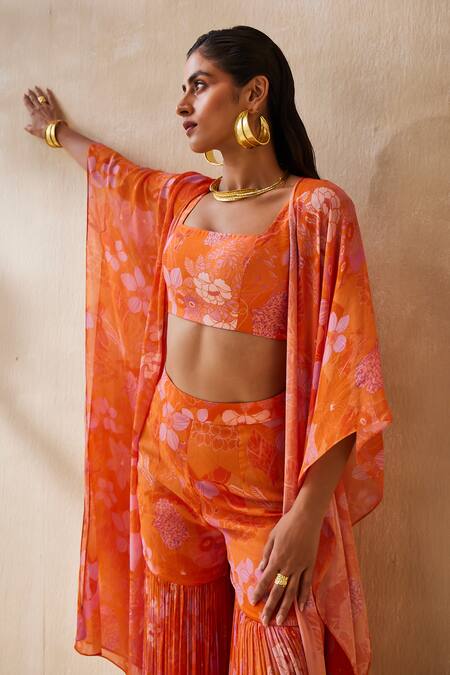 Ankita Dharman_Orange Blouse Lurex Floral Jacket Open Pattern Gharara Set_at_Aza_Fashions