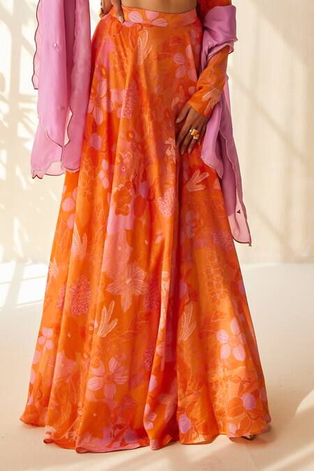 Shop Ankita Dharman Red Lurex, Organza Embroidery V-neck Warm Haze Floral Pattern Lehenga Set Online at Aza Fashions Shop_Ankita Dharman_Red Lurex, Organza Embroidery V-neck Warm Haze Floral Pattern Lehenga Set_Online_at_Aza_Fashions