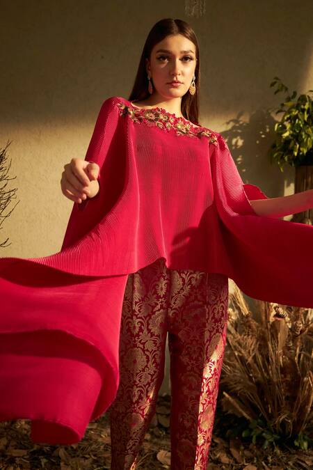 Tasuvure Indes_Magenta Brocade, Silk Embroidery Divine Neck Cape And Pant Set_Online_at_Aza_Fashions