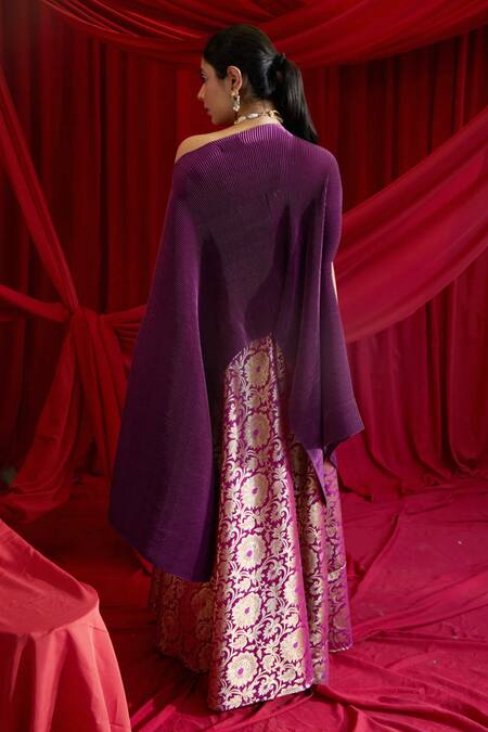Shop Tasuvure Indes Purple Brocade, Polyester Embroidery Divine Neck Cape And Lehenga Set at Aza Fashions Shop_Tasuvure Indes_Purple Brocade, Polyester Embroidery Divine Neck Cape And Lehenga Set_at_Aza_Fashions