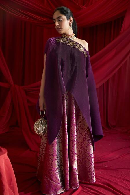 Tasuvure Indes Purple Brocade, Polyester Embroidery Divine Neck Cape And Lehenga Set Online at Aza Fashions Tasuvure Indes_Purple Brocade, Polyester Embroidery Divine Neck Cape And Lehenga Set_Online_at_Aza_Fashions