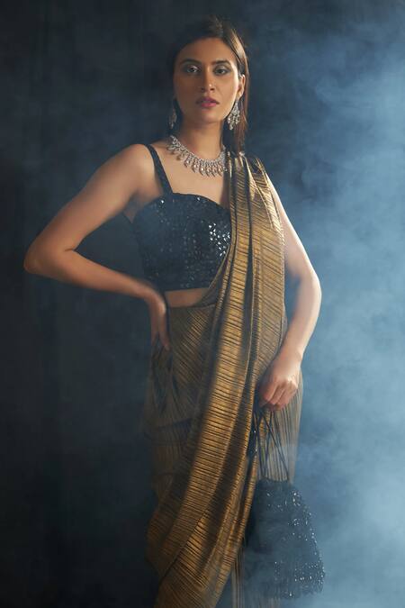 Tasuvure Indes Gold Silk Crystals Sweetheart Neck Saia Slit Saree With Embroidered Blouse Online at Aza Fashions Tasuvure Indes_Gold Silk Crystals Sweetheart Neck Saia Slit Saree With Embroidered Blouse_Online_at_Aza_Fashions