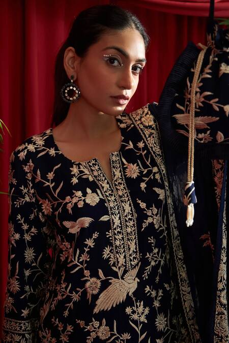 Tasuvure Indes_Blue Georgette, Satin Embroidery Split V-neck Reyna Floral Kurta Pant Set _Online_at_Aza_Fashions