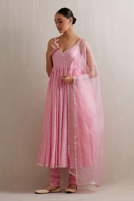 Priyal Prakash_Pink Chanderi, Cotton, Silk Organza Sequins, Zari Boat Embroidered Anarkali Set _Online_at_Aza_Fashions