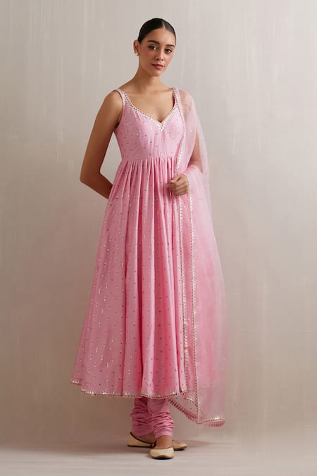 Buy_Priyal Prakash_Pink Chanderi, Cotton, Silk Organza Sequins, Zari Boat Embroidered Anarkali Set _Online_at_Aza_Fashions
