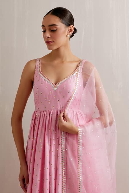 Shop_Priyal Prakash_Pink Chanderi, Cotton, Silk Organza Sequins, Zari Boat Embroidered Anarkali Set _Online_at_Aza_Fashions