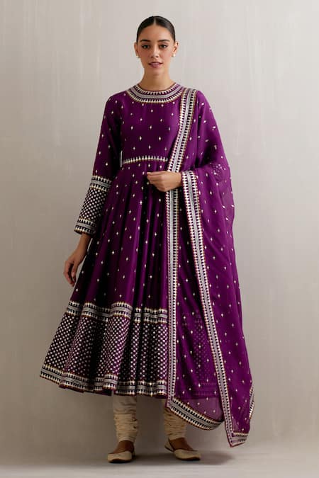 PRIYAL PRAKASH Purple Anarkali Chanderi Embroidery Sequin Round Work Set 