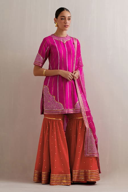 Buy Priyal Prakash Magenta Organza, Chanderi, Stripe Embroidered Kurta Gharara Set Online at Aza Fashions Buy_Priyal Prakash_Magenta Organza, Chanderi, Stripe Embroidered Kurta Gharara Set _Online_at_Aza_Fashions