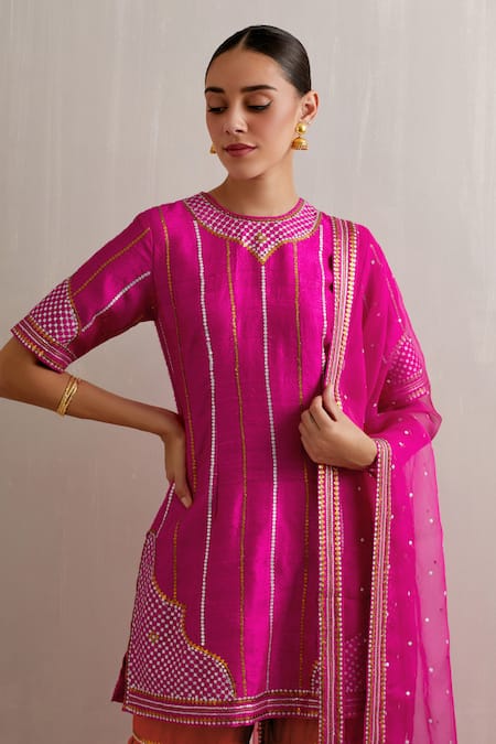 Shop Priyal Prakash Magenta Organza, Chanderi, Stripe Embroidered Kurta Gharara Set Online at Aza Fashions Shop_Priyal Prakash_Magenta Organza, Chanderi, Stripe Embroidered Kurta Gharara Set _Online_at_Aza_Fashions