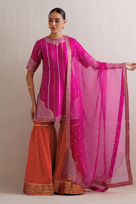 Priyal Prakash Magenta Organza, Chanderi, Stripe Embroidered Kurta Gharara Set at Aza Fashions Priyal Prakash_Magenta Organza, Chanderi, Stripe Embroidered Kurta Gharara Set _at_Aza_Fashions