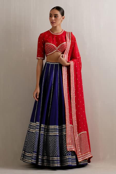 Priyal Prakash_Blue Silk, Crepe Sequins, Zari, Applique Round Stripe Embroidered Lehenga Set _Online_at_Aza_Fashions