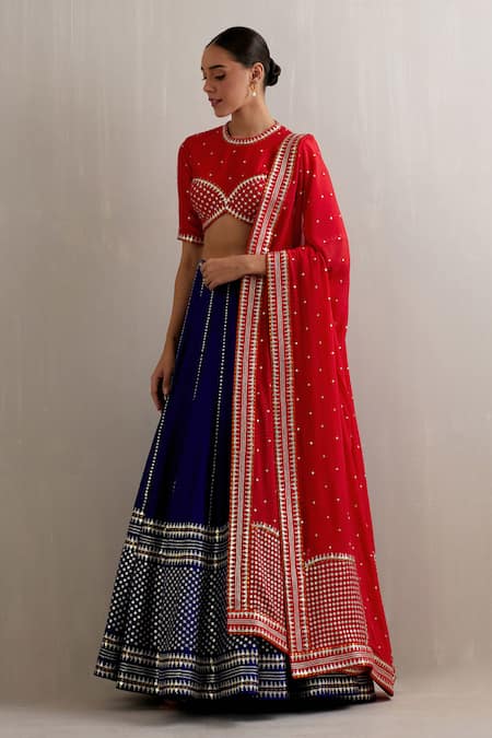 Buy_Priyal Prakash_Blue Silk, Crepe Sequins, Zari, Applique Round Stripe Embroidered Lehenga Set _Online_at_Aza_Fashions