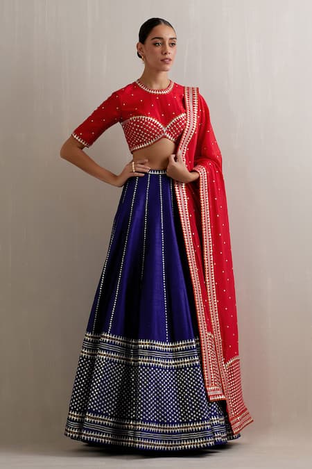 Shop_Priyal Prakash_Blue Silk, Crepe Sequins, Zari, Applique Round Stripe Embroidered Lehenga Set _Online_at_Aza_Fashions