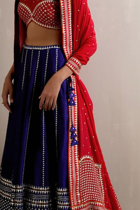 Priyal Prakash_Blue Silk, Crepe Sequins, Zari, Applique Round Stripe Embroidered Lehenga Set _at_Aza_Fashions