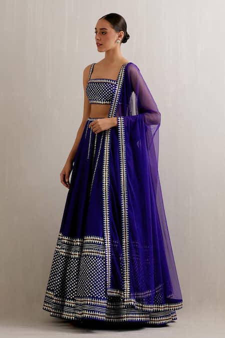 Priyal Prakash Blue Net, Silk Sequins, Zari Square Neck Stripe Pattern Lehenga Set Online at Aza Fashions Priyal Prakash_Blue Net, Silk Sequins, Zari Square Neck Stripe Pattern Lehenga Set _Online_at_Aza_Fashions