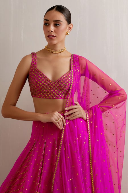 Priyal Prakash Magenta Organza, Polyester, Net Sequins, Zari Sweetheart Neck Work Lehenga Set at Aza Fashions Priyal Prakash_Magenta Organza, Polyester, Net Sequins, Zari Sweetheart Neck Work Lehenga Set _at_Aza_Fashions