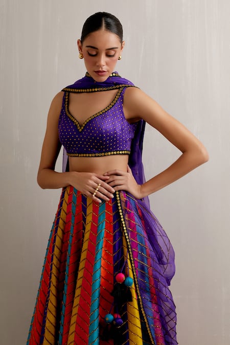 Priyal Prakash Multi Color Organza, Polyester, Net Sequins, Chevron Embroidered Lehenga Set Online at Aza Fashions Priyal Prakash_Multi Color Organza, Polyester, Net Sequins, Chevron Embroidered Lehenga Set _Online_at_Aza_Fashions