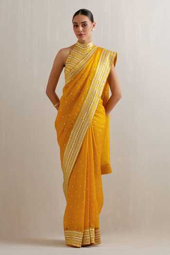 Shop Priyal Prakash Yellow Silk Organza, Polyester Sequins, Zari Embroidered Saree With Blouse Shop_Priyal Prakash_Yellow Silk Organza, Polyester Sequins, Zari Embroidered Saree With Blouse
