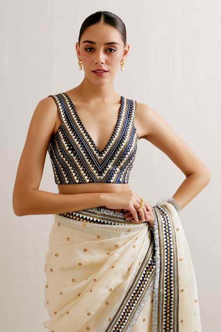 Priyal Prakash_Ivory Silk Organza, Polyester Gota Colorblock Embroidered Saree With Blouse _at_Aza_Fashions