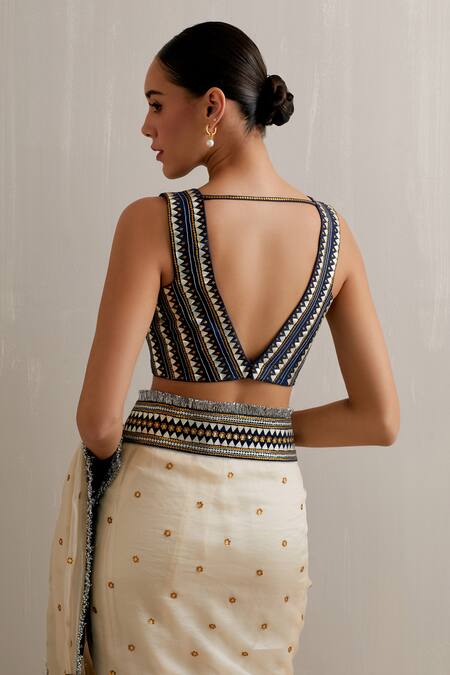 Buy_Priyal Prakash_Ivory Silk Organza, Polyester Gota Colorblock Embroidered Saree With Blouse 