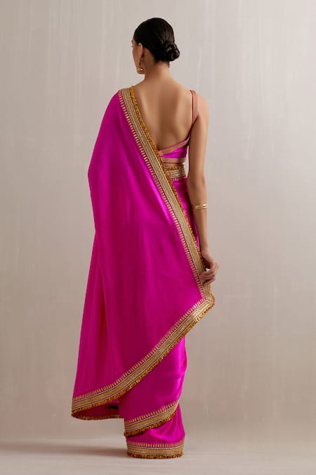 Shop_Priyal Prakash_Magenta Silk Satin, Polyester Zari, Diamonds, Embroidery Border Saree Set _at_Aza_Fashions